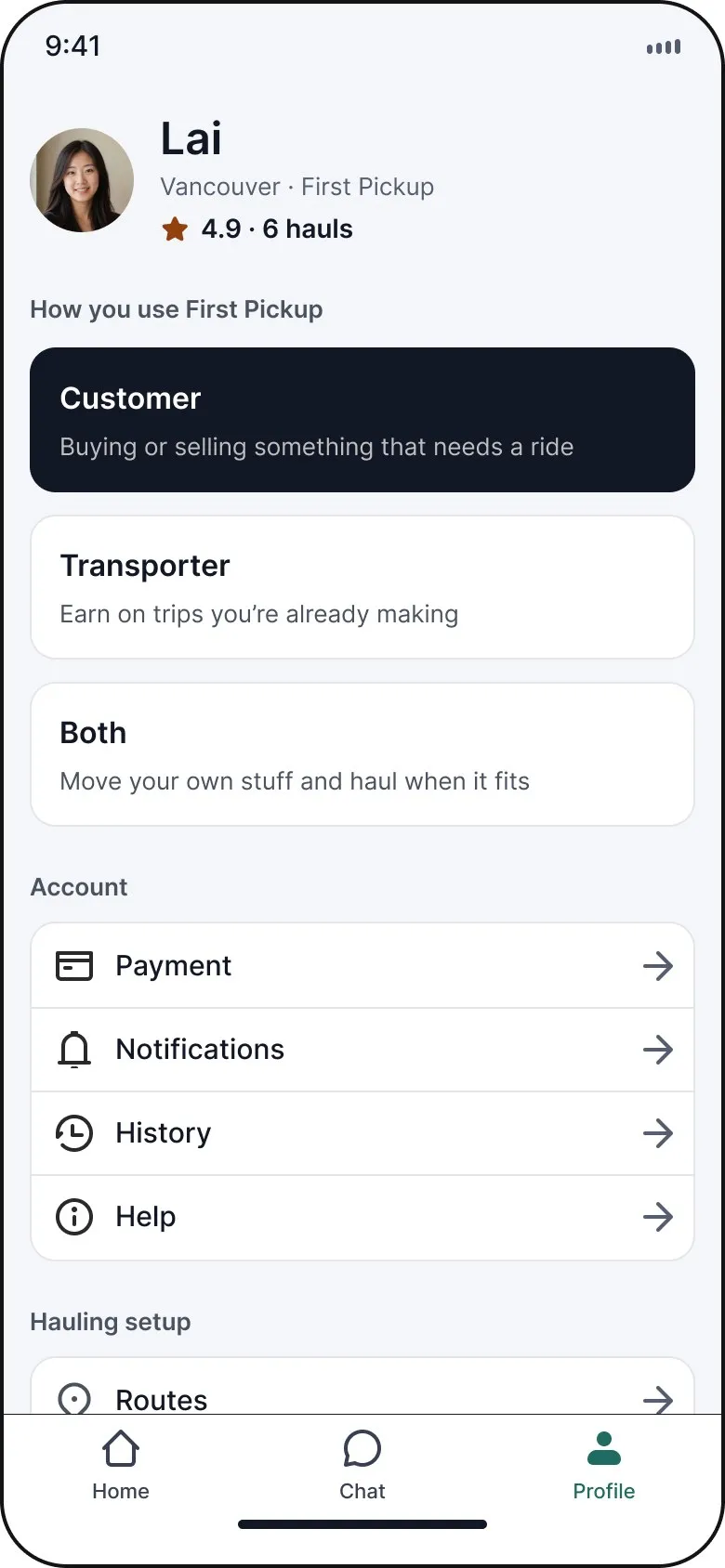 FirstPickup profile screen with route preferences