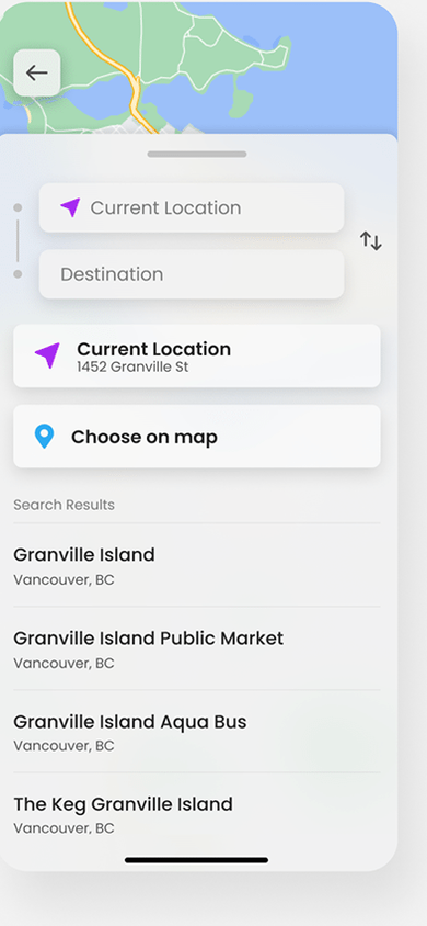 myStop search from current location, with Choose on map and Granville Island results