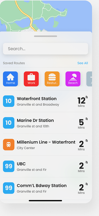 myStop home with saved routes and live arrivals for Waterfront, Marine Drive, and the Millennium Line