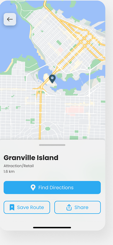 myStop location sheet for Granville Island with Find Directions, Save Route, and Share