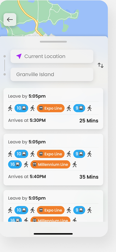 myStop route options from current location to Granville Island, with named bus and SkyTrain pills
