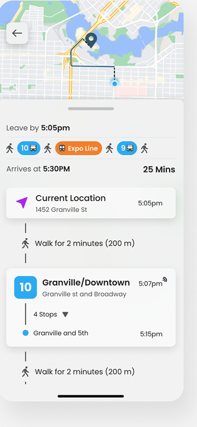 myStop trip detail with a walk, bus 10, Expo Line, and bus 9 breakdown