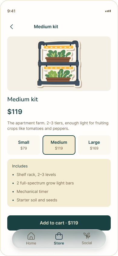 Seedly Medium kit product page with transparent pricing