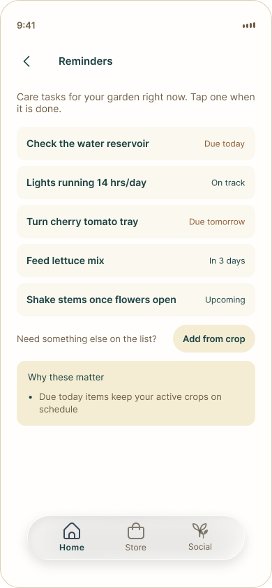 Seedly Reminders screen with care tasks due today