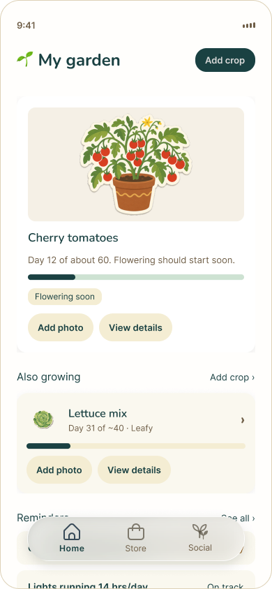 Seedly My garden screen with cherry tomato and lettuce progress