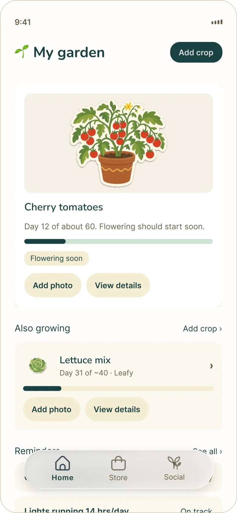 Seedly My garden screen with cherry tomato and lettuce progress