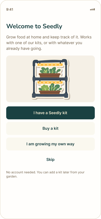 Seedly welcome screen with kit and DIY setup choices