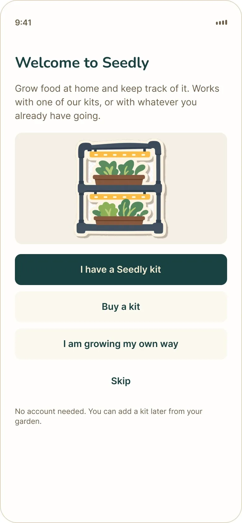 Seedly welcome screen with kit and DIY setup choices