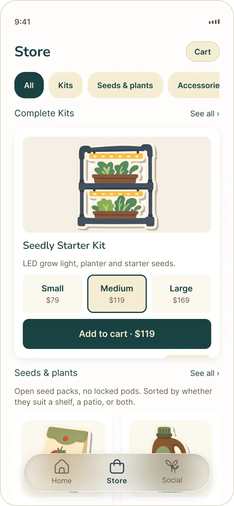 Seedly Store screen with Starter Kit size options