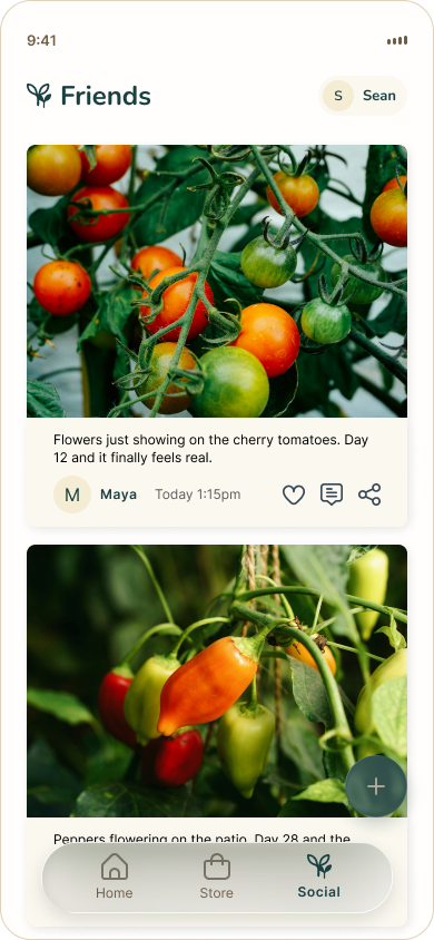 Seedly Friends social feed with garden photo posts