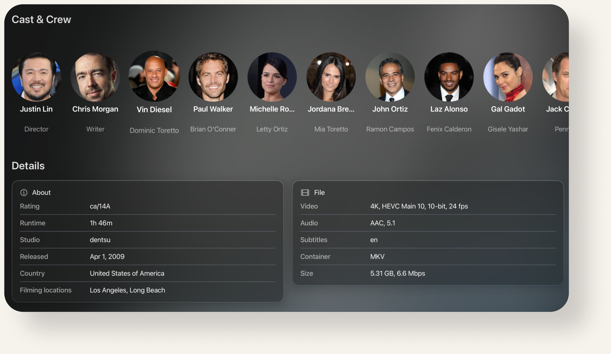 tvPlayer Details with cast, crew, and file metadata including codec and bitrate