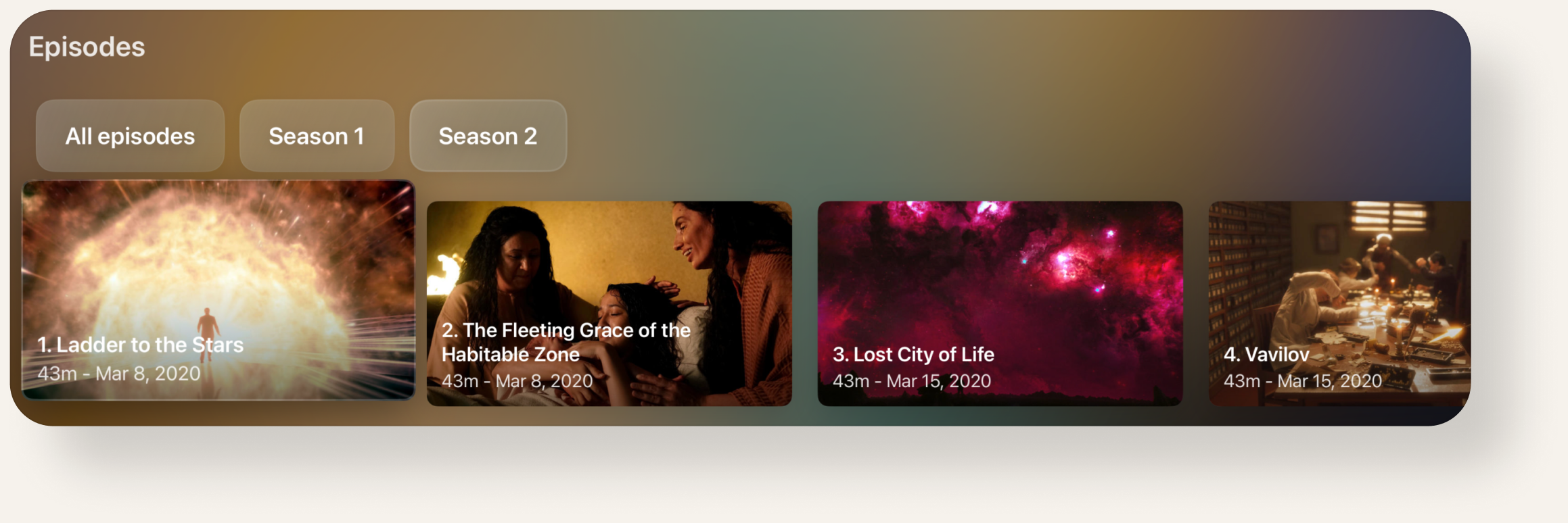 tvPlayer Episodes strip with season tabs and episode thumbnails