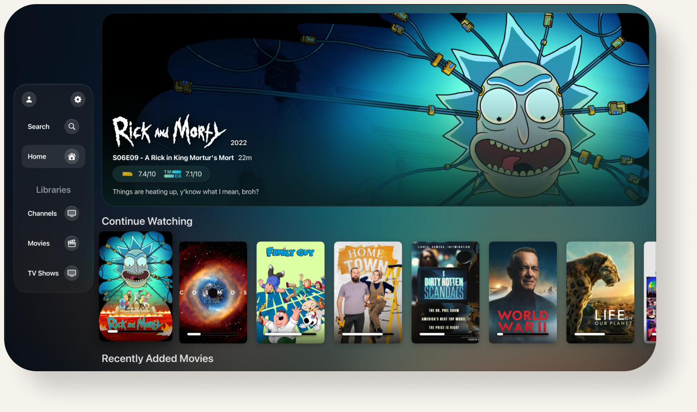 tvPlayer Home v0.3, sidebar navigation and a poster grid