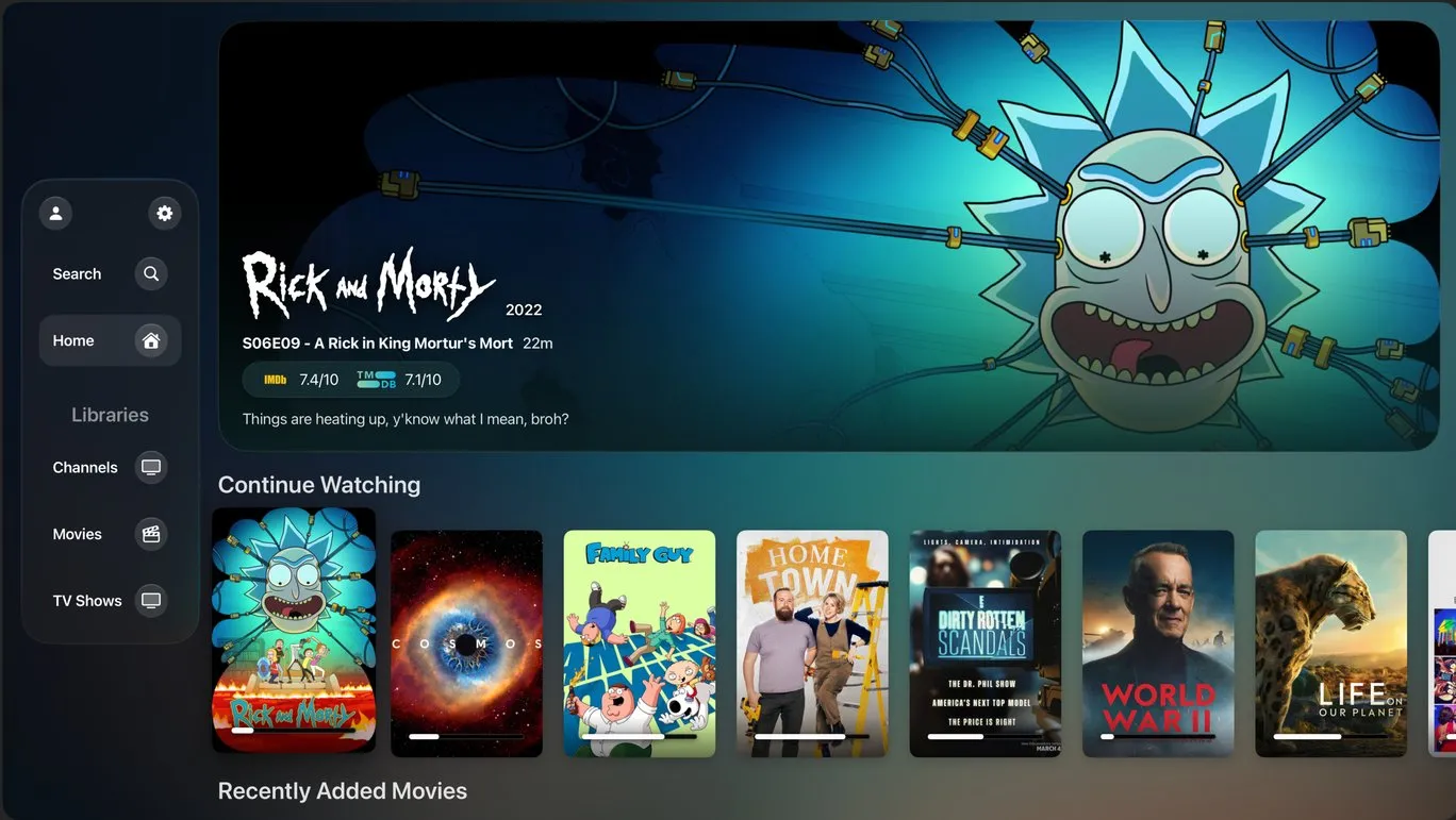 tvPlayer Home in v0.3, sidebar navigation and a poster grid