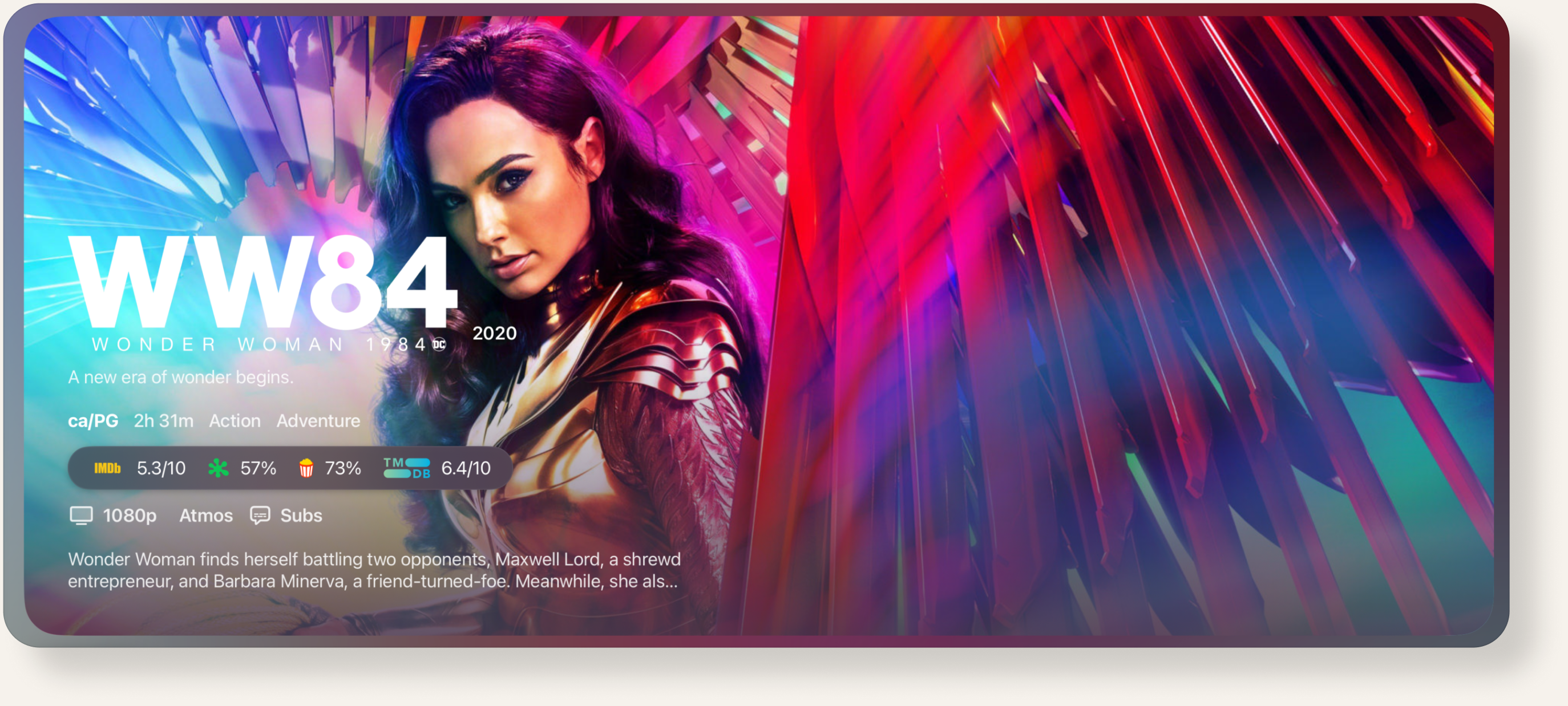 tvPlayer movie screen for Wonder Woman 1984, with playback metadata over a magenta poster