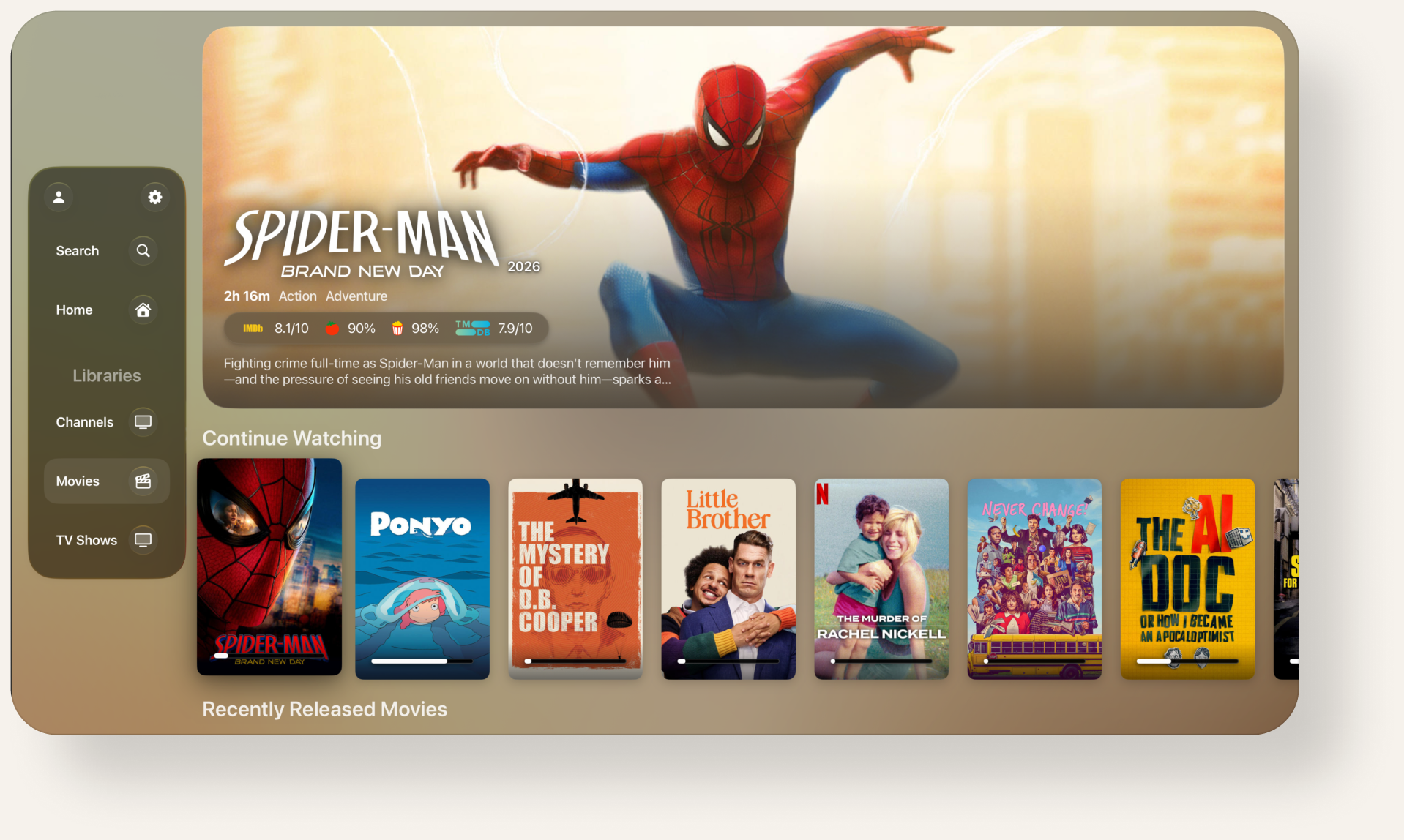 tvPlayer Movies browse with a Continue Watching row and a translucent sidebar