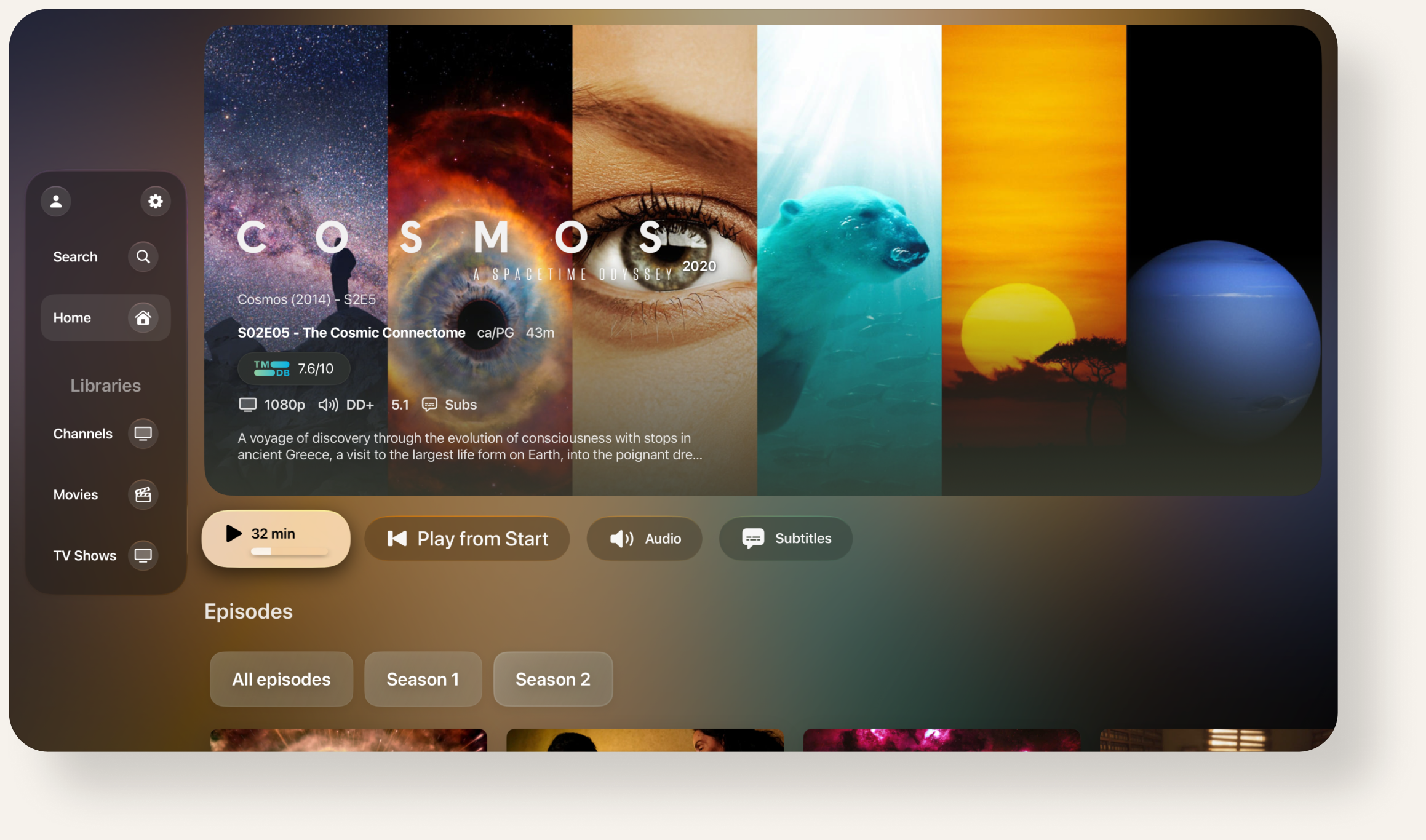 tvPlayer show screen for Cosmos, with season tabs and a Watch action